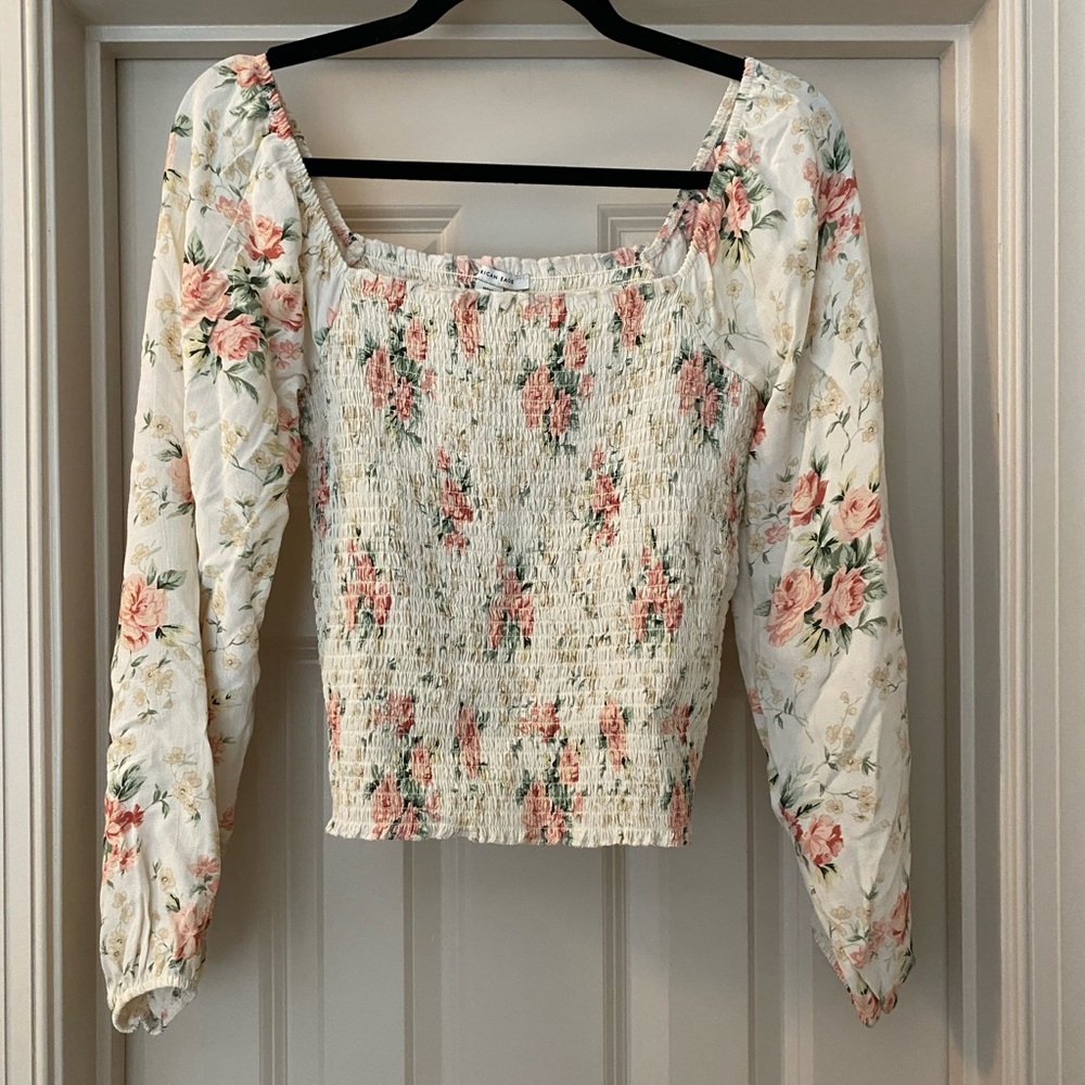 American Eagle Outfitters Floral Smocked Blouse - Cream and Pink